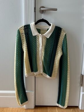 Kith Green and Cream Striped Crochet Polo Cardigan